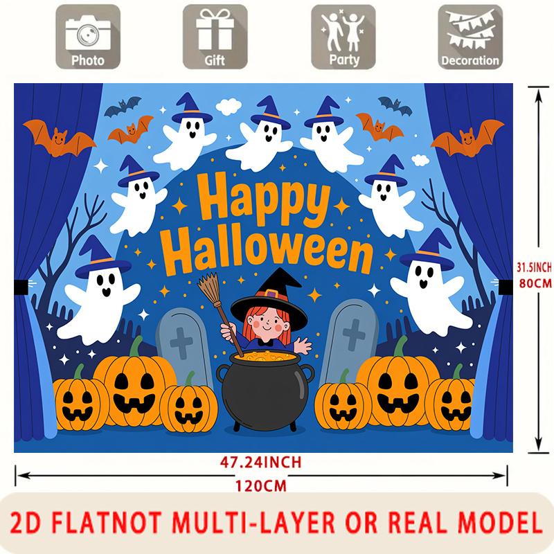 Party Backdrop Halloween Flat Spooky Ghosts Pumpkins Witch Bats Tombstones Multi Photo Booth Background Front Door Decor