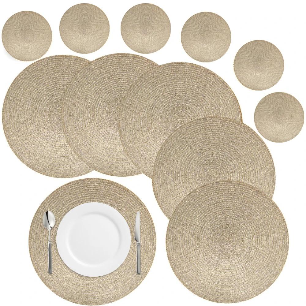 6Pcs Round Table Mat and Cup Coasters Set Woven Ramie Placemats Anti Slip Dining Placemats Non-Slip Tableware Bowl Pads Kitchen