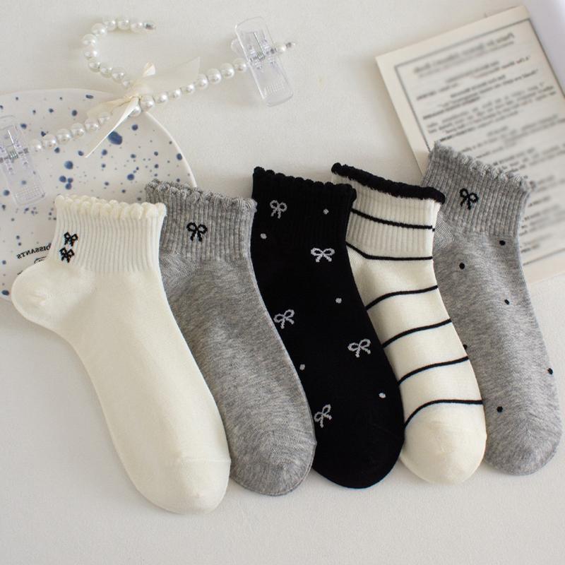 Xiaomi 5 Pairs Women's Lace Ankle Socks, Korean Bow No-Show Socks, Cute Low Cut Socks, Daily Casual Socks