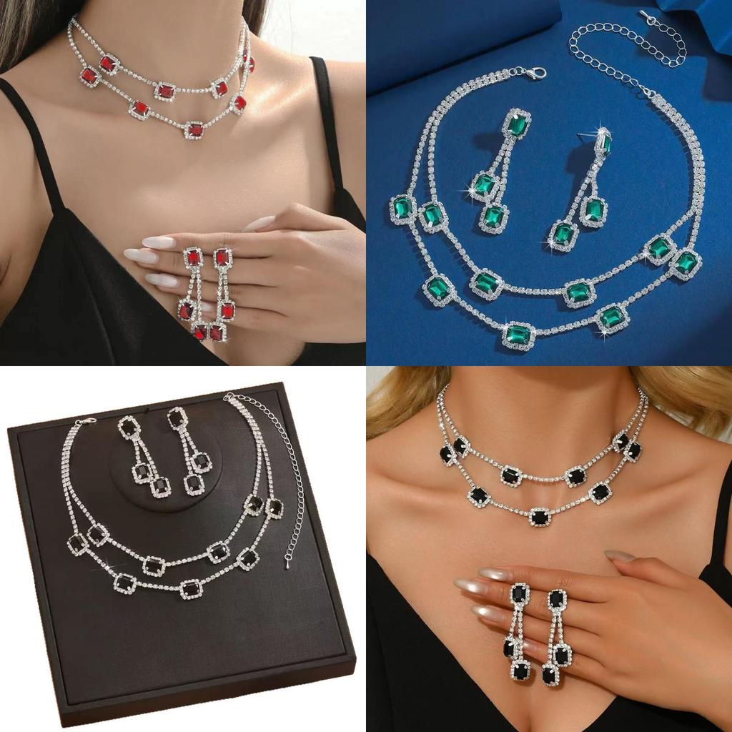 Geometric Double Layer Collar Necklace With Water Diamond Pendant For Women