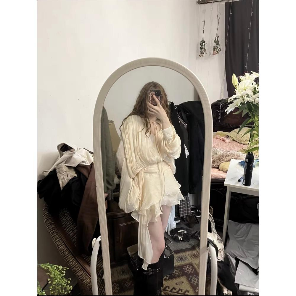 Solide Patchwork Schnürkleider für Damen O-Ausschnitt Langarm Hohe Taille Gespleißte Falten Temperament Kleid Damenmode