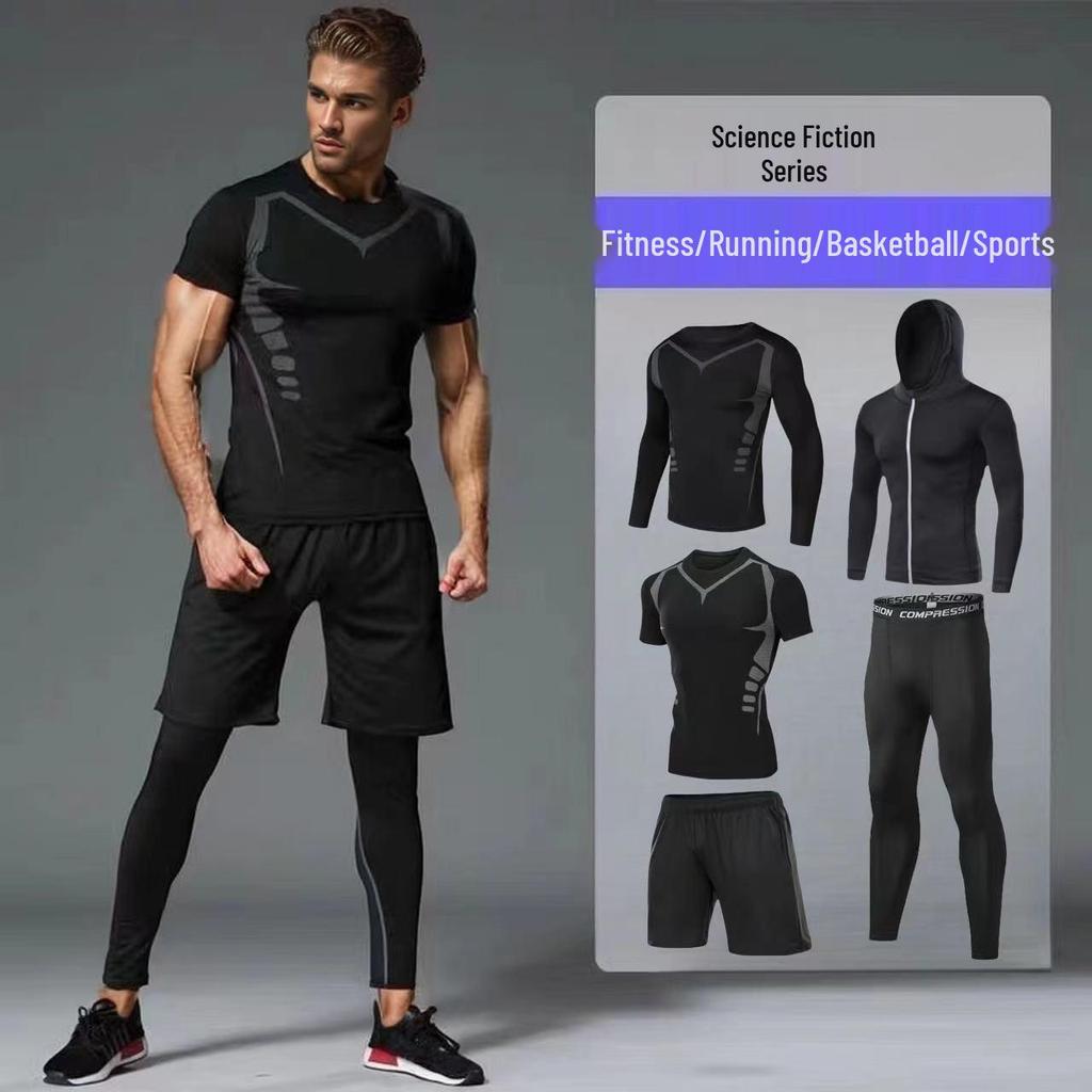 Men's 5-Piece Outdoor Running Set: High Elastic, Breathable, Quick-Drying Fitness Sportswear