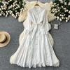 French Style Retro Stand Collar Single-Breasted Long Sleeve Waist-Tight Dress Women's Sweet Machine Embroidery Crocheted Long Vacation Skirt