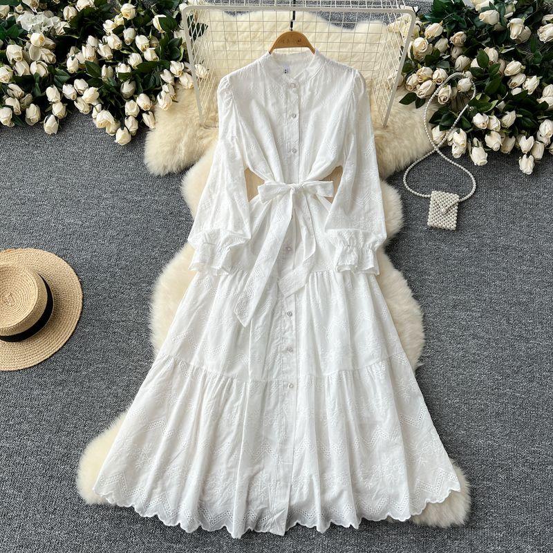 

French Style Retro Stand Collar Single-Breasted Long Sleeve Waist-Tight Dress Women s Sweet Machine Embroidery Crocheted Long Vacation Skirt White One size