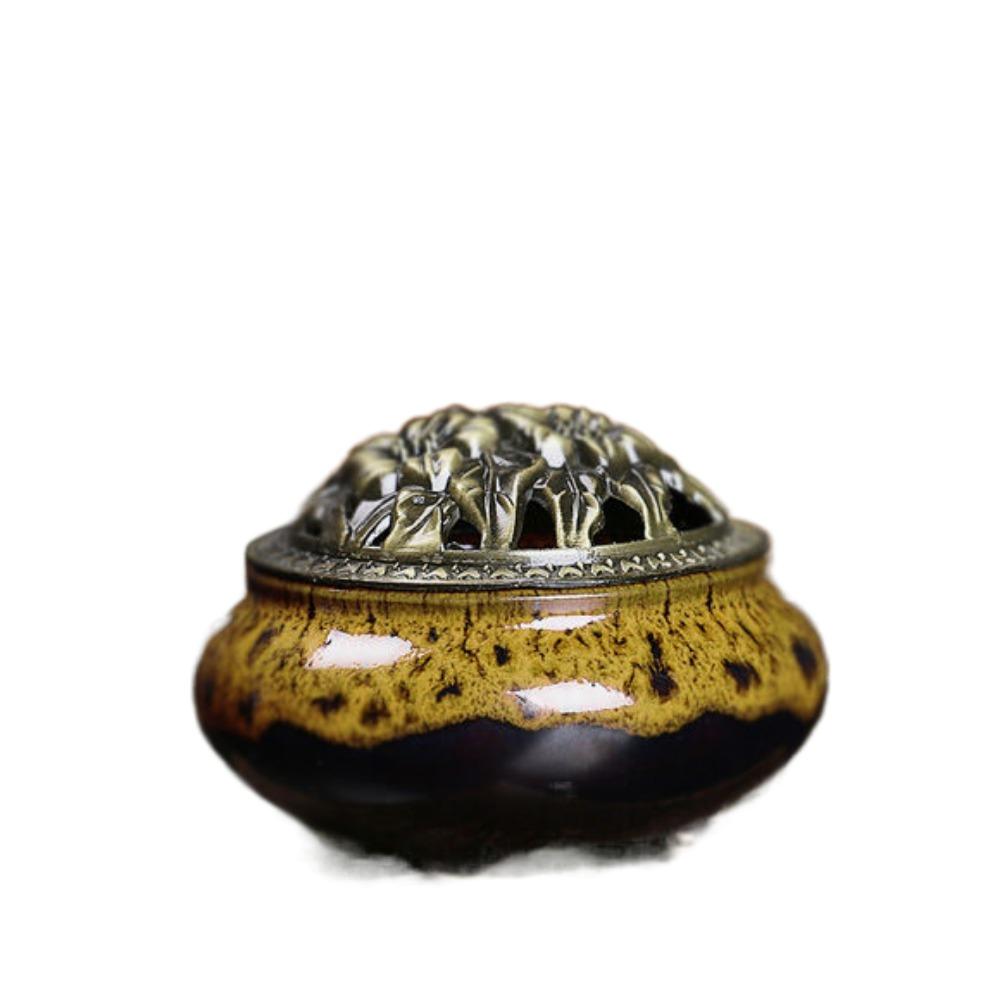 New Ceramic Incense Burner Copper Cover Ice Crack Incense Plate Antique Alloy Sandalwood Stove Home Decoration
