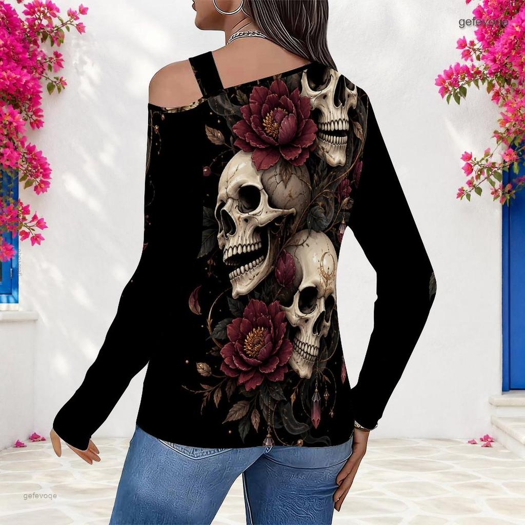 Women Plus Size Asymmetric Cutout Neck Cold Shoulder Long Sleeve Skull Floral Printed Black Fitted Shirt