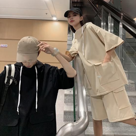 2 szt./zestaw Unisex Strój na co dzień Bluza z kapturem ze sznurkiem Krótki rękaw T-shirt Elastyczny pas ze sznurkiem