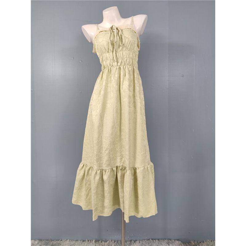 

Export single high-texture stretch tight green Dark print strap Bows Dress hip gown Light Green S