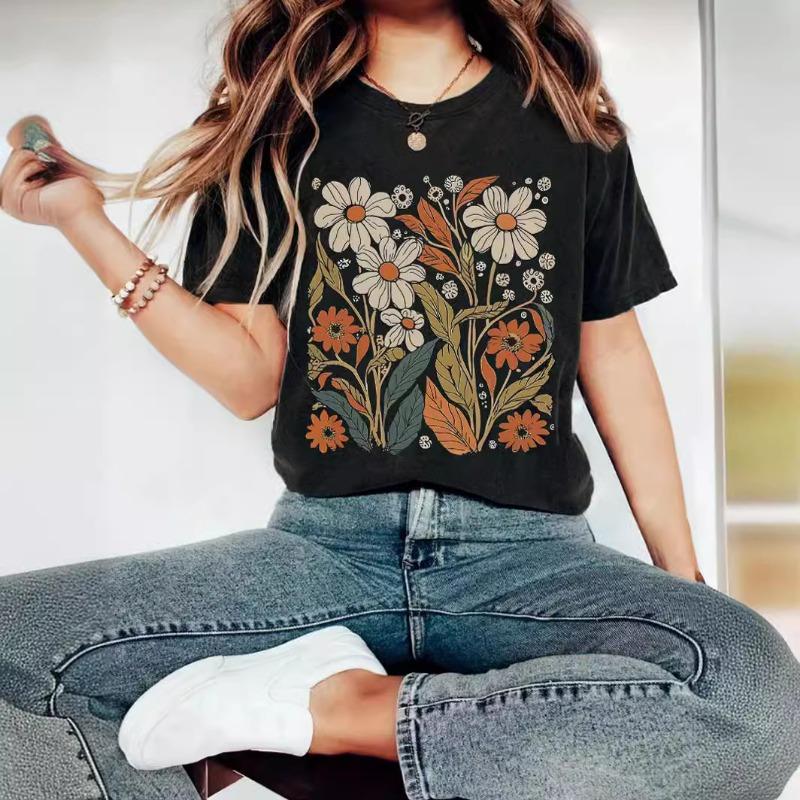 Women's Casual and Fashionable T-shirt with Plant and Floral Pattern Printed Round Neck and Short Sleeves