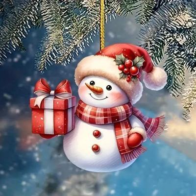 Snowman Christmas Tree Ornament Acrylic Cartoon Snowman Hanging Ornament for Car Rearview Mirror Window