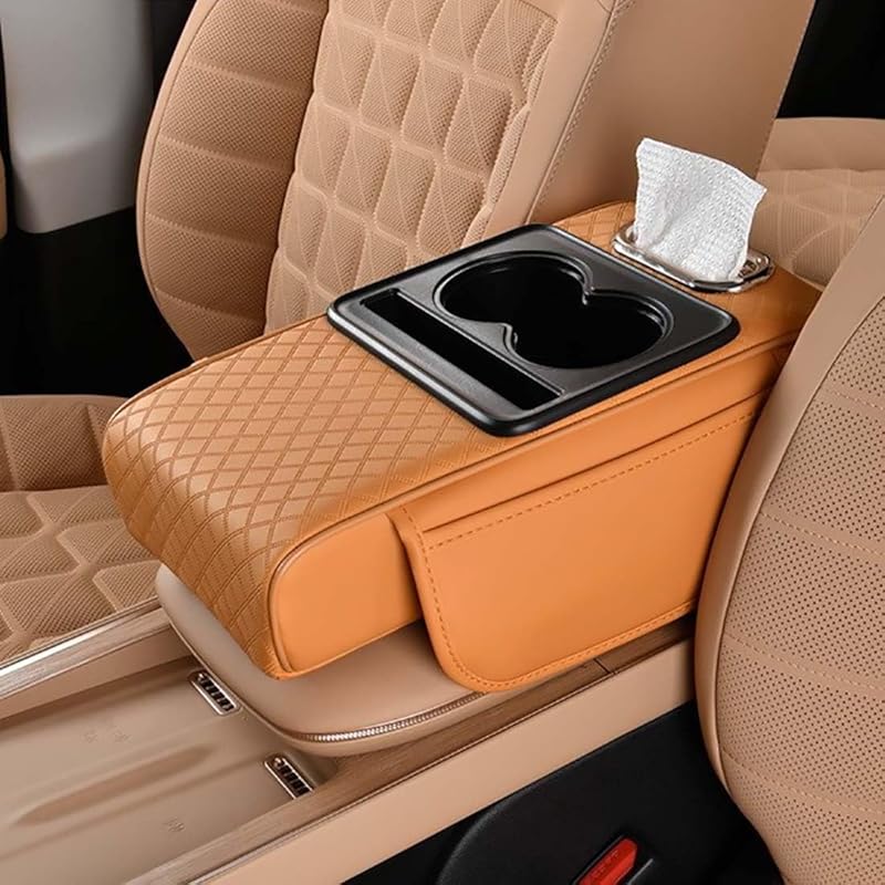 Car Armrest Cushion for SUV with Cup Holder 2.75" Height,5-in-1 Center Console Cover with 2 Storage Bags, Tissue Box Slot, Phone Slot for Sedans, Car