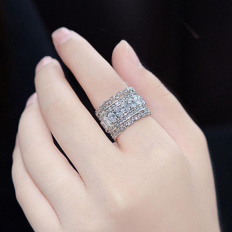 Huitan Silver Color Wide Rings for Women Micro Paved Cubic Zirconia Gorgeous Bridal Wedding Party Rings Luxury Trendy Jewelry