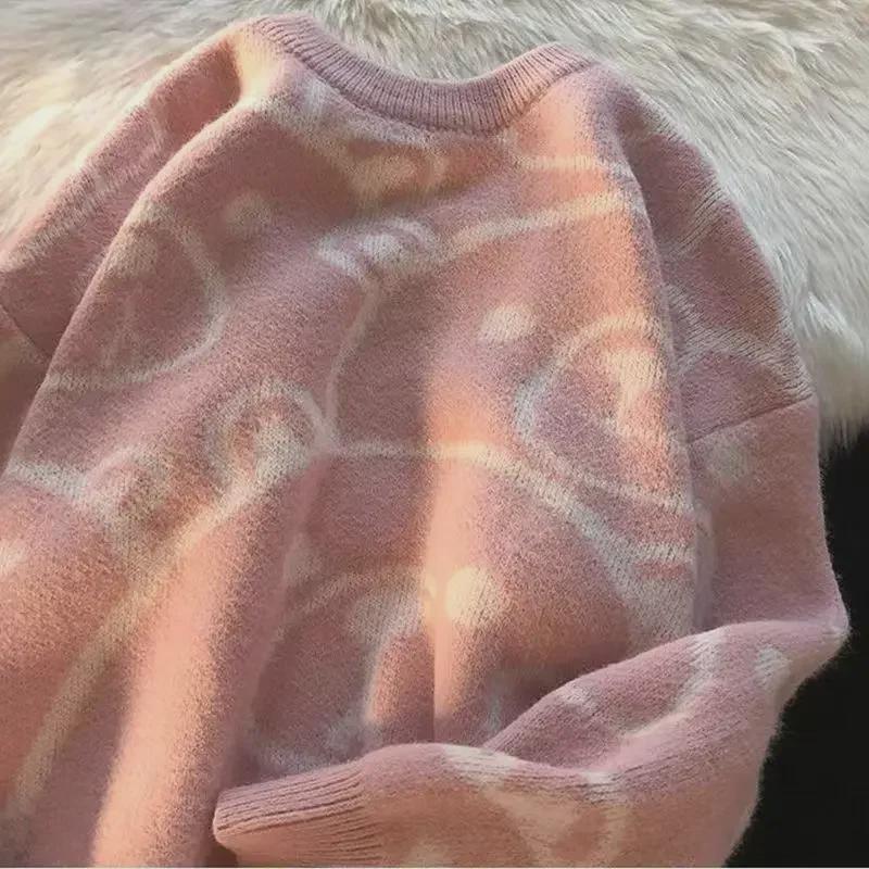 Jacquard College Style Cartoon Pullover: Unisex Lazy Fit Round Neck Sweater for Students