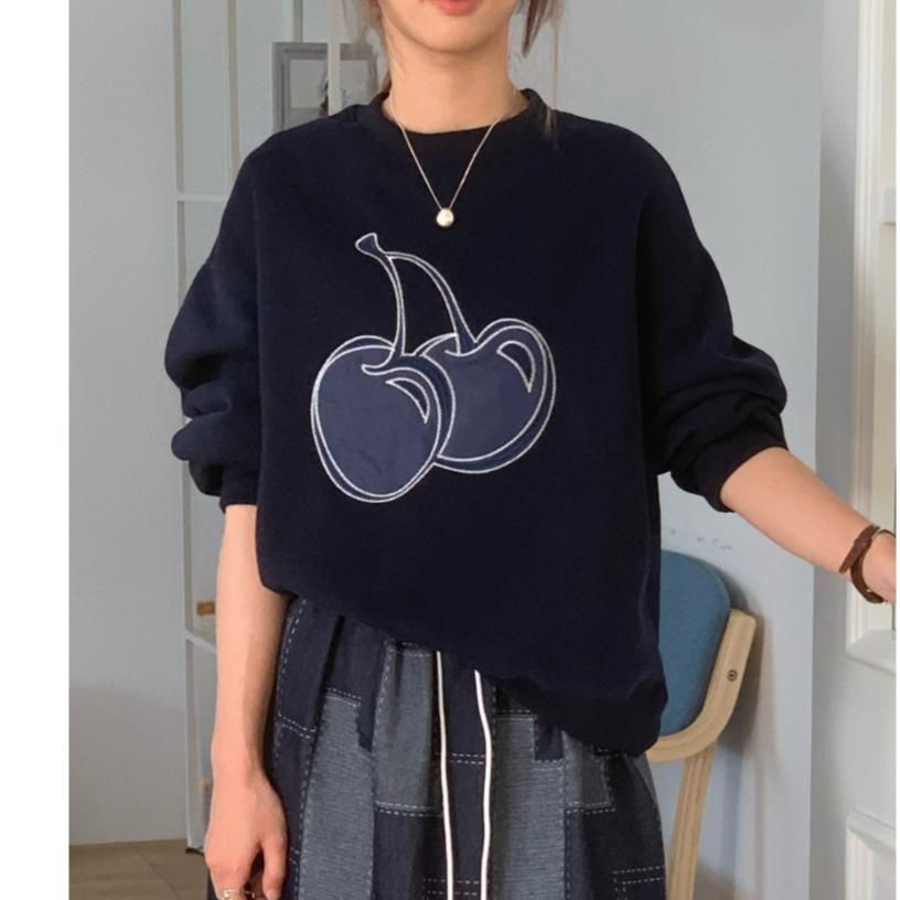 Dimanaf New 2025 Women Embroidery Fruit Hoodies & Sweatshirts Print Full Sleeve Autumn Basic Tops T-Shirt New Pullover