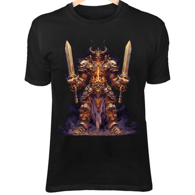 Demonic Warlord II T-Shirt – Twin Swords, Molten Veins, Skull Horned Helmet Art