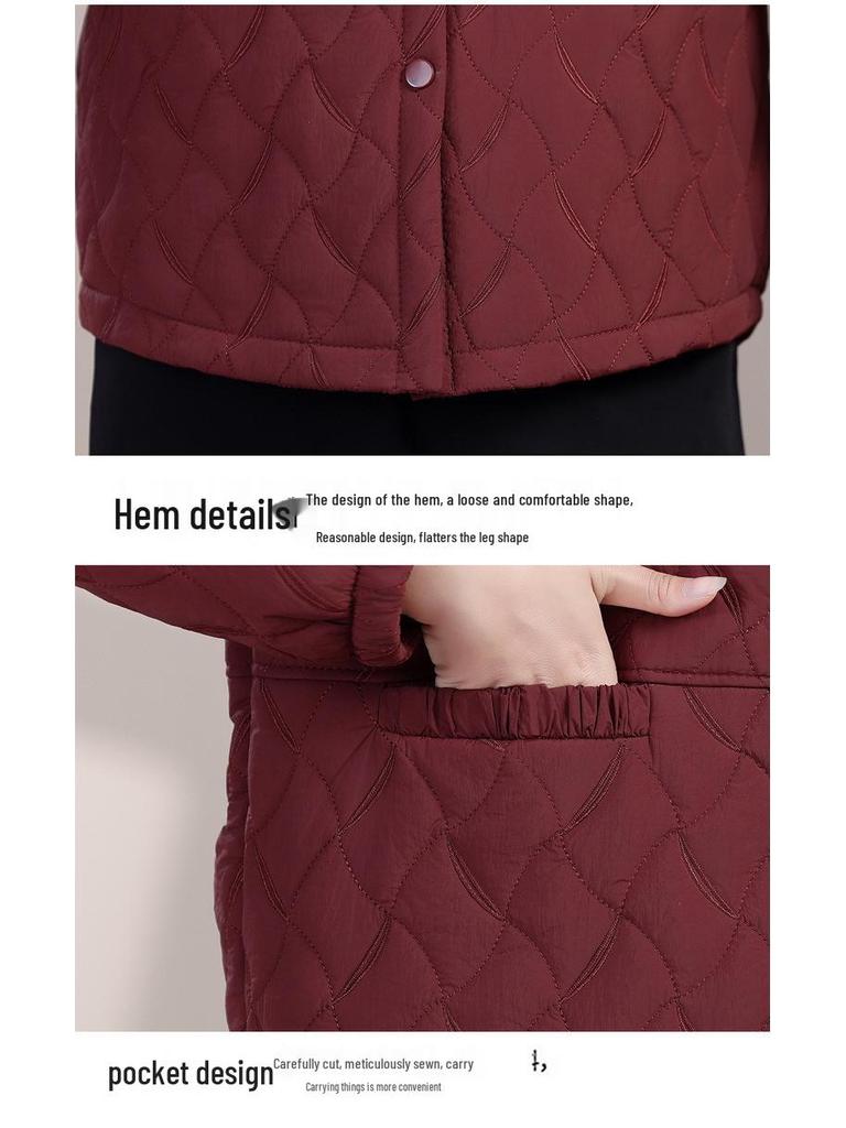 Lightweight Autumn/Winter Cotton Jacket for Middle-Aged & Elderly Women - Solid Color Casual Outerwear with Lapel