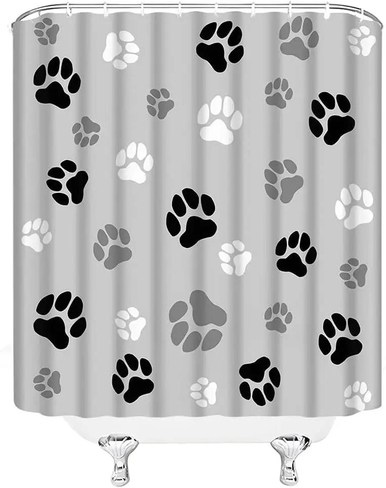 Paw Print Shower Curtain Gray Cat Dog Footprint Cute Lovely Pet Lover Cartoon Abstract Polyester Fabric Bathroom Decor Curtain