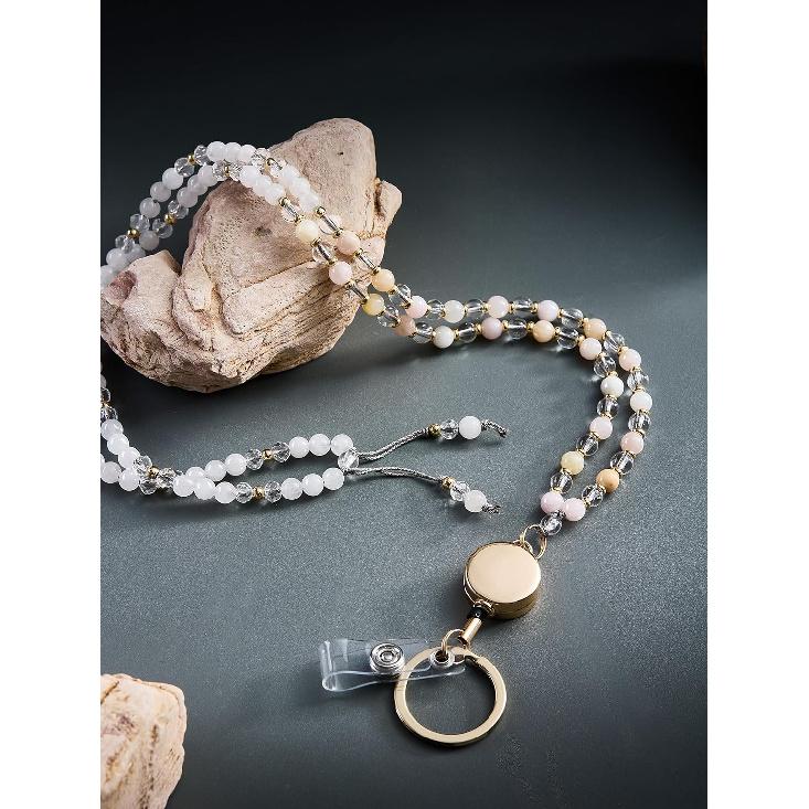 Retractable Lanyards for ID Badges and Keys, Beaded Lanyards for Women Natural Stone, Teacher Lanyard High-Performance Cute Lanyard Morganite