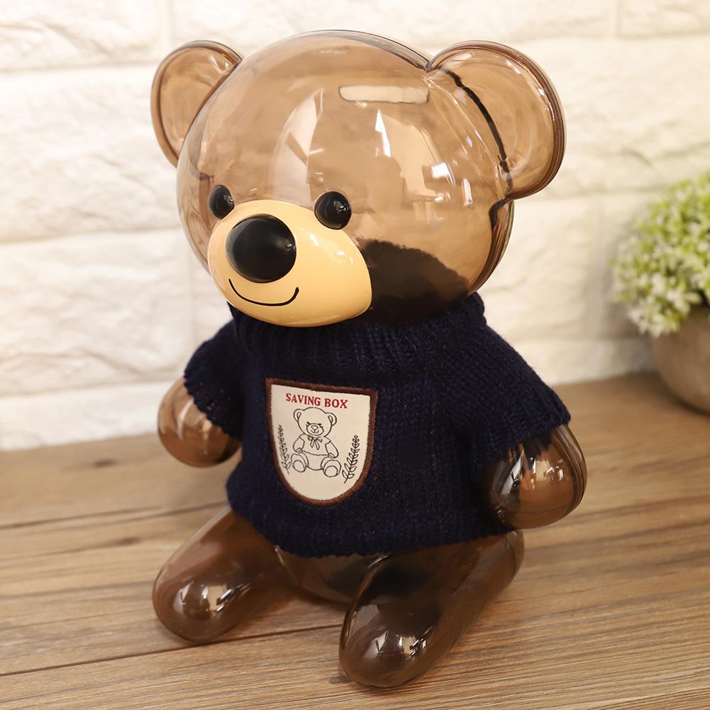 Children Coin Piggy Bank Money Box Cartoon Clothes Bear Plastic Transparent  (Blue)