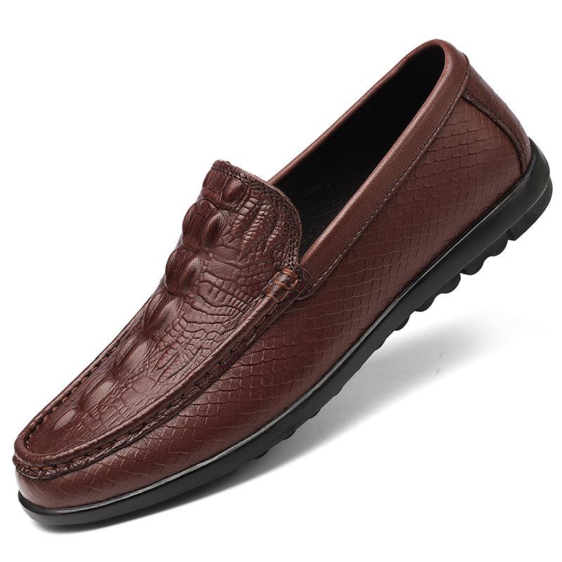 Men s Autumn Flat Bottom Casual Leather Loafers - Breathable Cowhide with Korean Crocodile Pattern Slip-On Design 38 коричневый