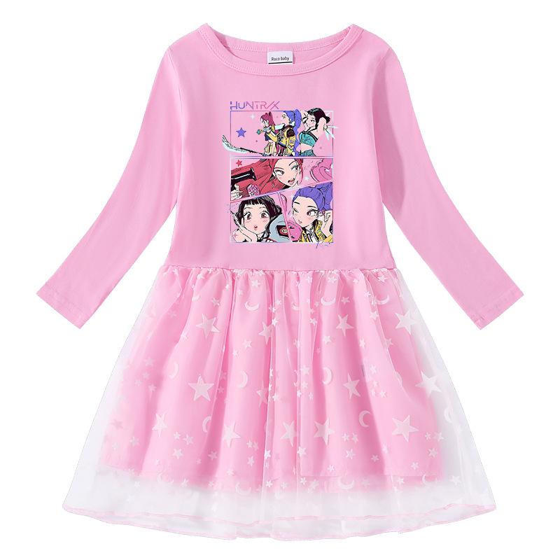 Vestido de Princesa Kpop Demon Slayer para Niñas con Lentejuelas Arcoíris y Malla, con Mangas Largas y Cortas para Primavera, Verano y Otoño.