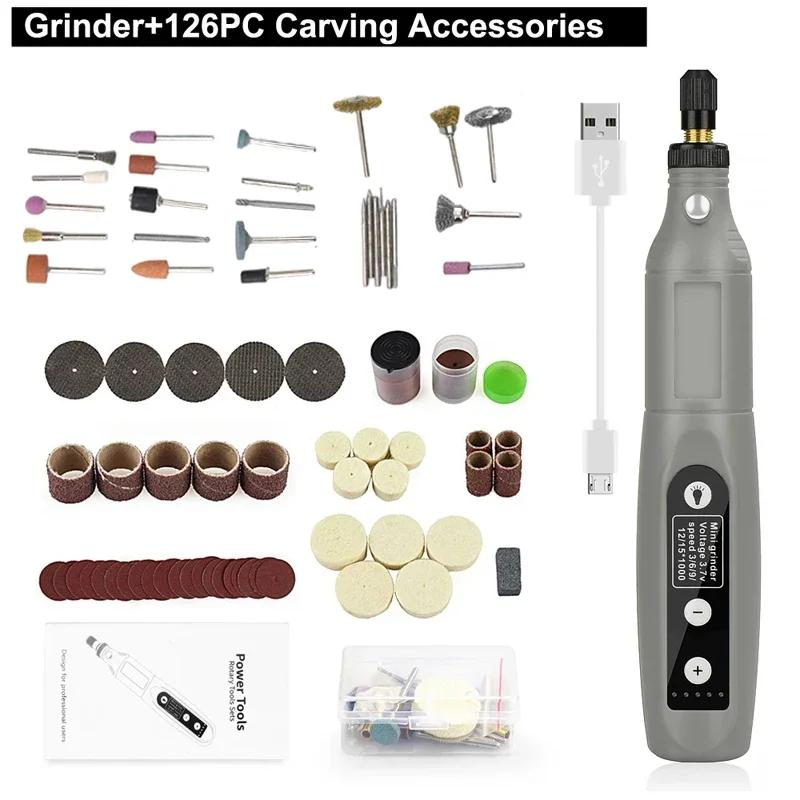 USB Rechargeable Electric Drill Mini Multifunction Electric Grinder 5 Gears with Light Polishing Machine Practical Abrasive Set