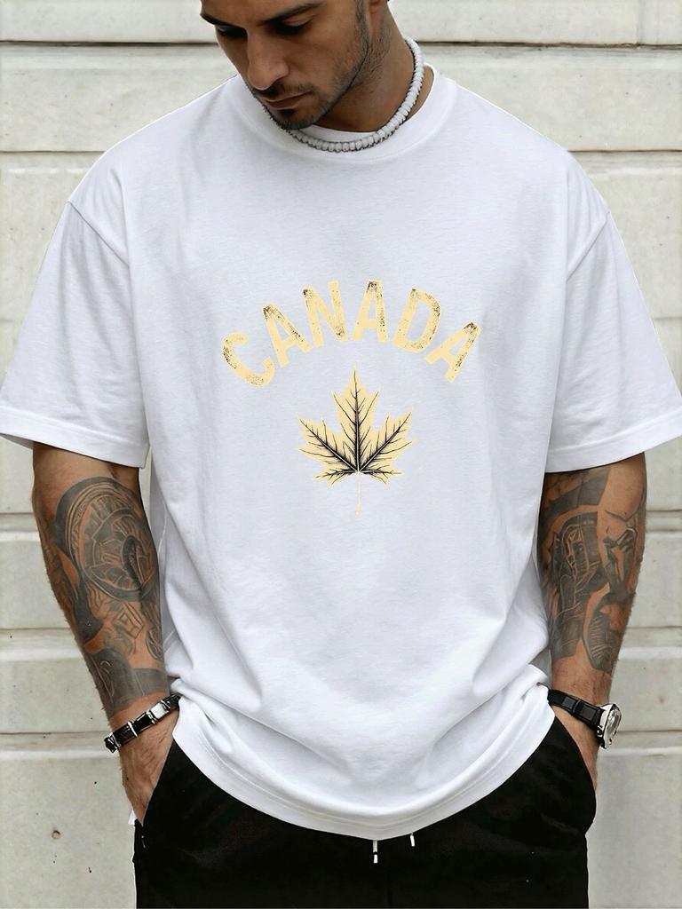 Unisex Crew Neck Canada Maple Leaf Letter Print Short Sleeve Cotton Tee Casual Summer Streetwear Loose Basic Daily Outdoor Wear Top