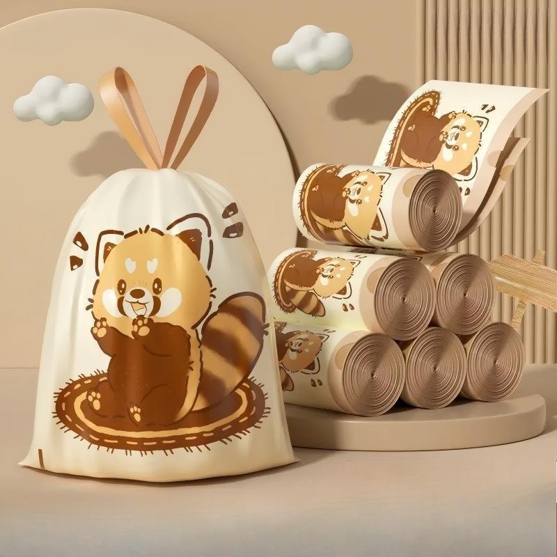 Household Tear-free Pull-string Garbage Bag, Thick and Durable, Cartoon-style Little Raccoon Design, Cute Style Kitchen Cleaning Bag
