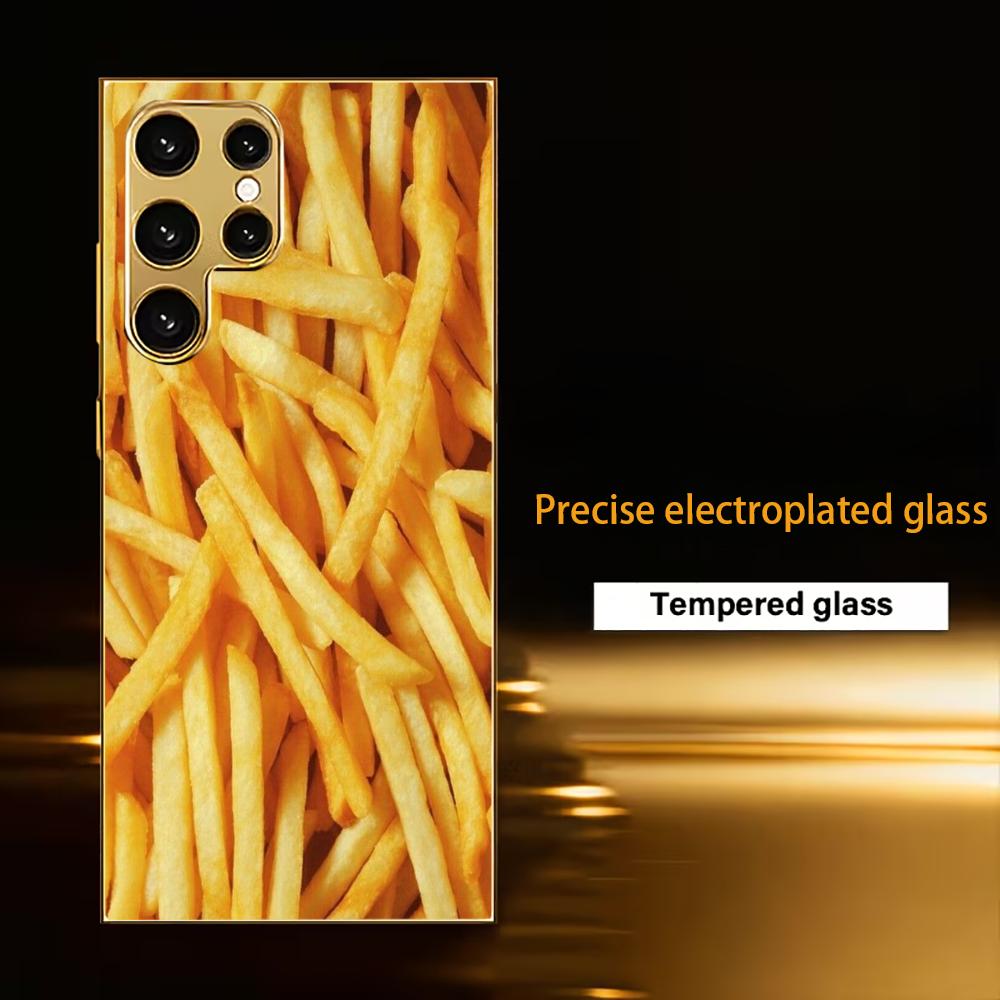 Gold French fries Atmosphere High-end Electroplating Glass PhoneCase for Samsung Galaxy S26 S25 S24 S23 S22 S21 FE,Ultra,Plus