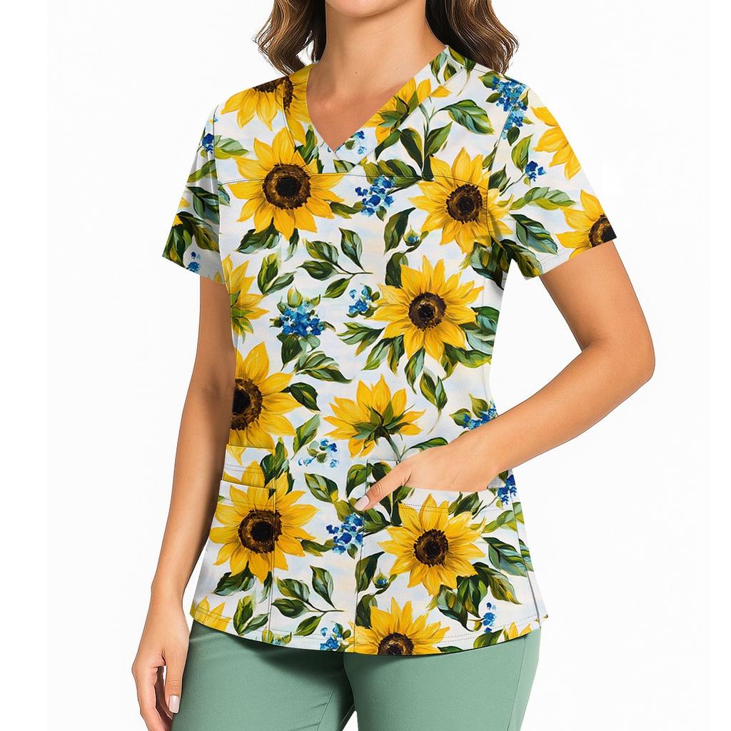 Women's Casual Printed V-Neck Pocket Side Slit Short Sleeved Top Short Sleeved Top