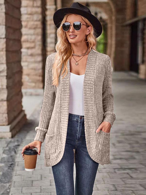 2025 Autumn Solid Color Ribbed Brushed Patchwork Long Sleeve Cardigan Jacket