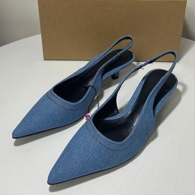 Modré džínsové dámske sandále na podpätku so špicatou špičkou, elegantné slingbacky, dámska kancelárska obuv v ponuke, pohodlná letná obuv