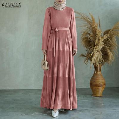 Women Pleated Casual Round Neck Long Sleeve Loose Long Dress