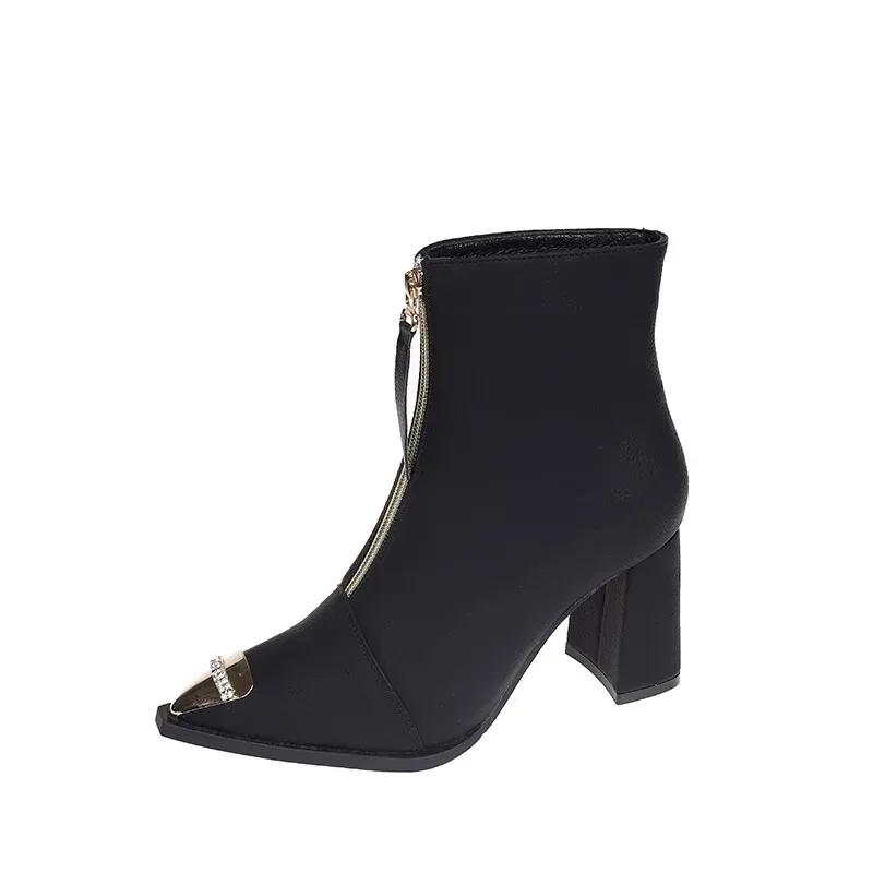 Botines de tacón alto para mujer, de lujo, con punta puntiaguda, elegantes, de cuero, para invierno, 2025, para oficina, con cremallera