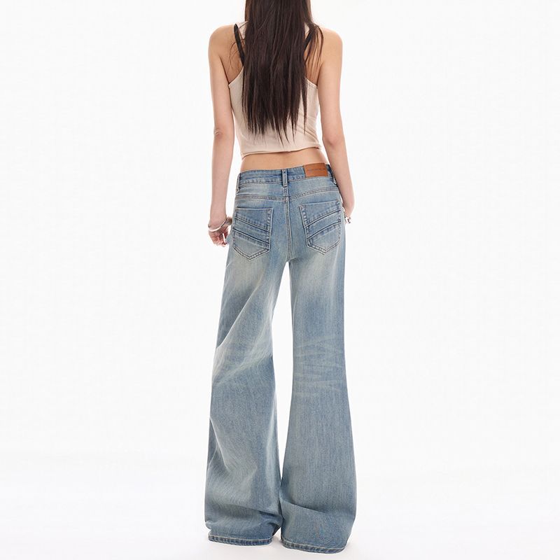 Spring Summer Vintage Light Blue Handmade Cat Whisker Low Waist Classic Slim Micro Flare Denim Pants For Women Casual Pants Oversize Denim Trousers