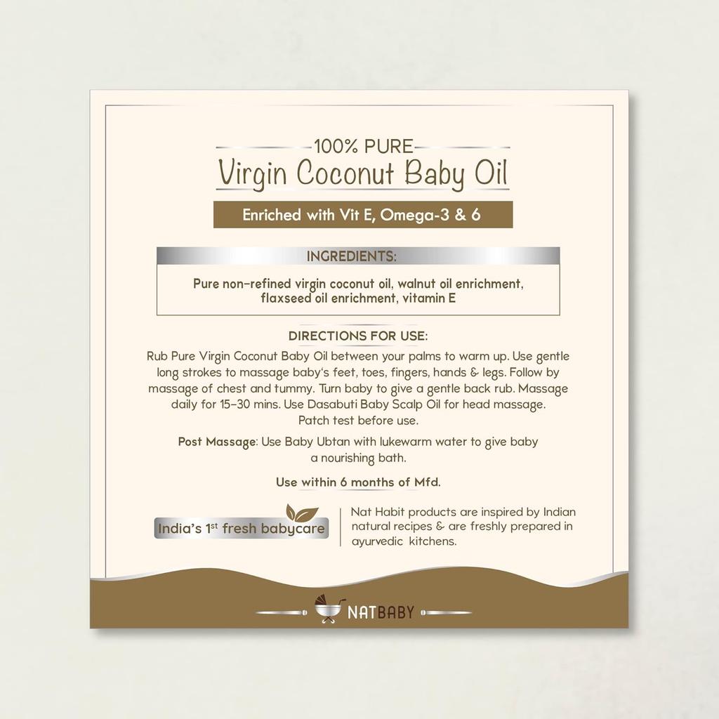 Nat Habit 100% reines natives Kokosöl für Babys, für empfindliche Haut und Haare, angereichert mit natürlichen Vitaminen und essentiellen Fettsäuren, 200 ml