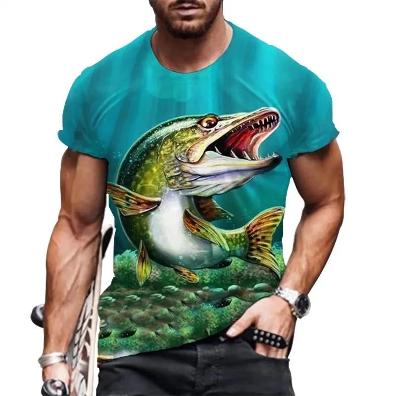 Men's Outdoor Fishing T-shirt, Casual Breathable Top, Short Sleeved, 3D Printed, Sporty and Fashionable Fitness, Large Size, Summer