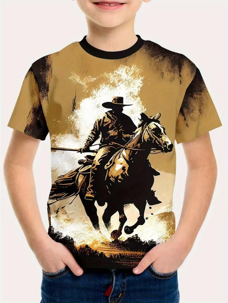 Children's clothing, boys' T-shirts, 3D horse print, short sleeves, fashionable children's summer clothing, casual children's clothing for girls.