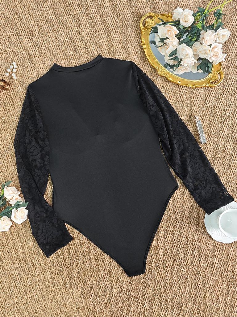 Plus Size Lace See-through Bodysuit with Open Crotch and Hollow-out Design