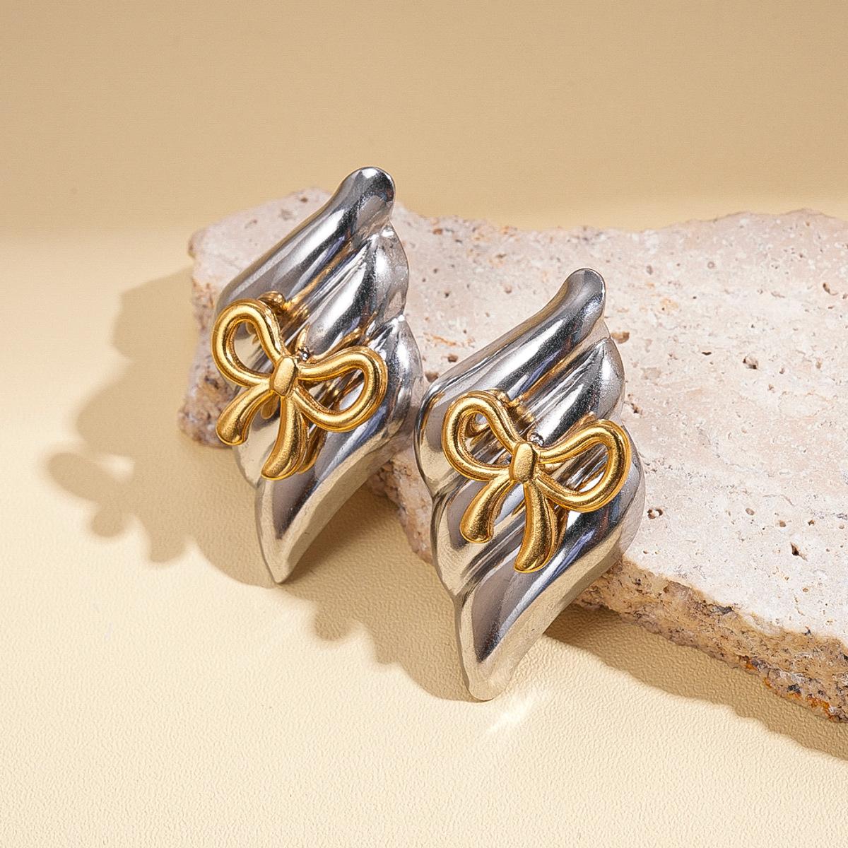 Stainless steel glossy geometric rhombus bow steel needle stud earrings temperament earrings