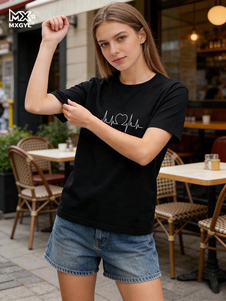 New Style Women's Love Letters Simple Trend Cute Fashion Round Neck T-shirt Short Sleeve Blouse Tops Vintage Graphic Clothes