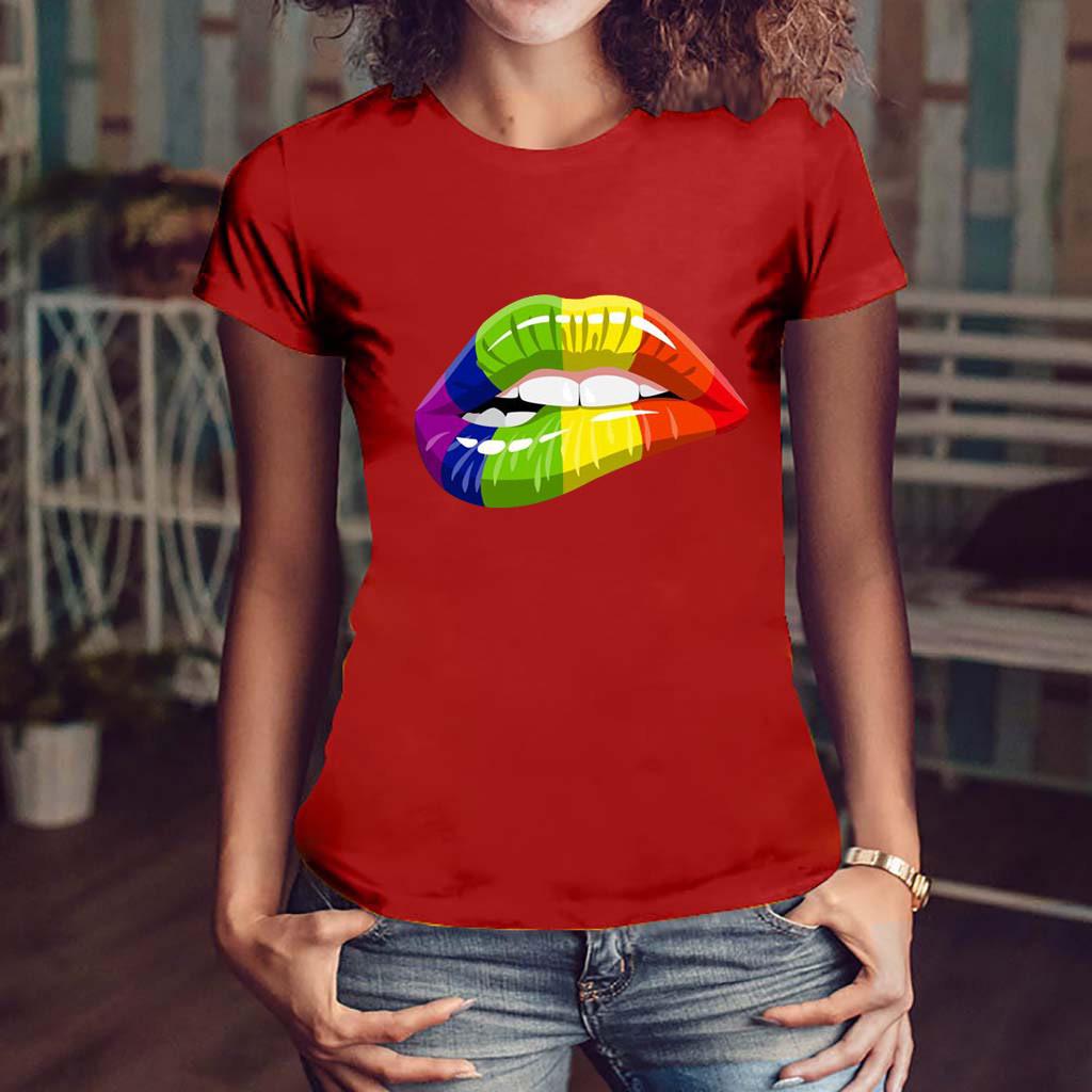 Women Girls Plus Size Lips Print Shirt Short Sleeve T Shirt Blouse Tops