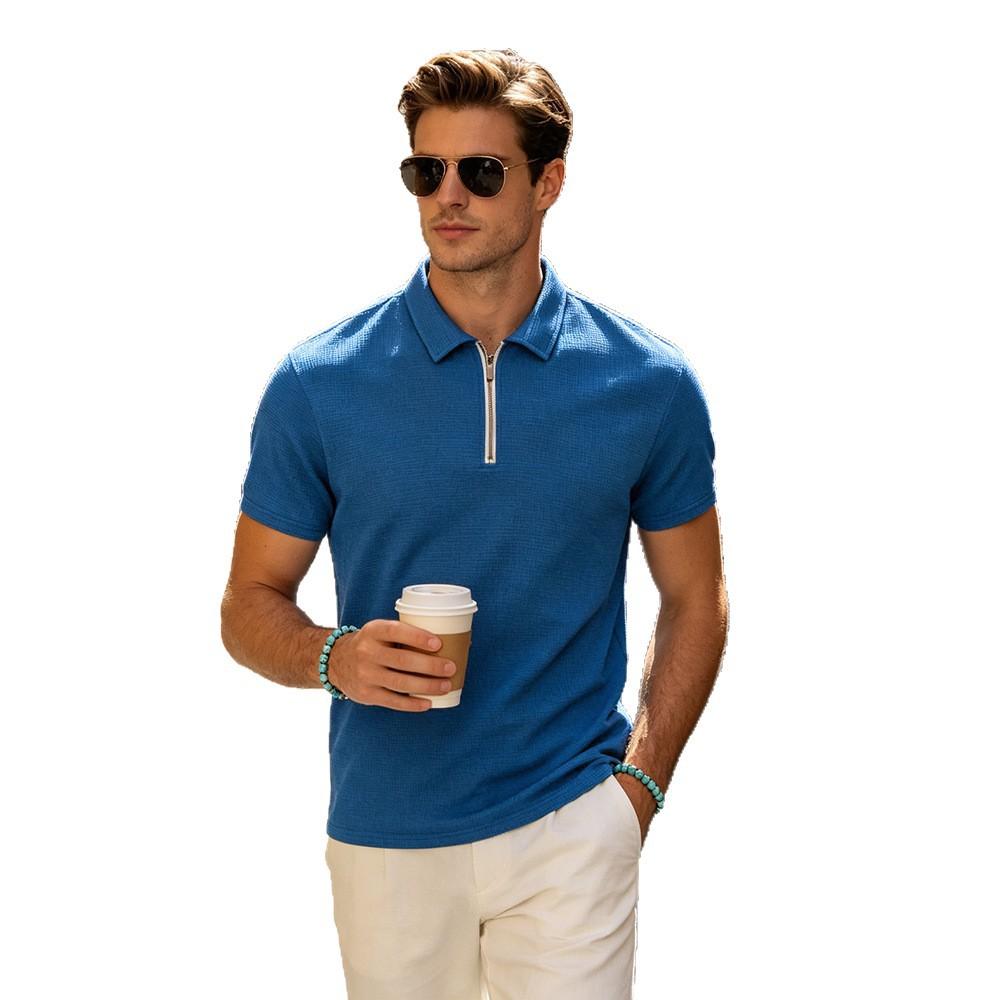 Nové pánské letní jednobarevné vaflové polo tričko: prodyšný, krátkoruký top v business-casual stylu s límcem