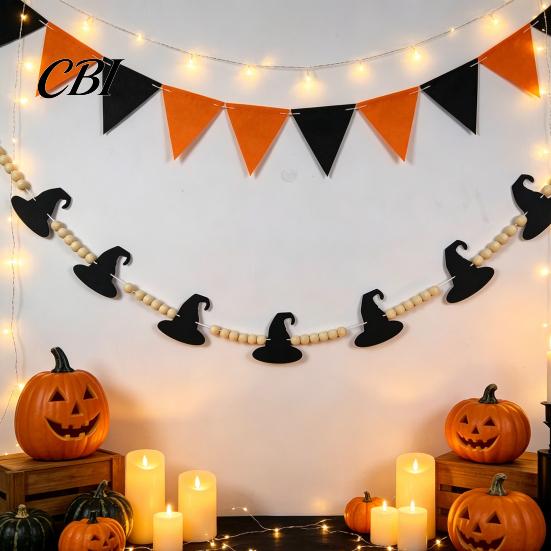 Non-woven Felt Halloween Decor 2 Pcs 7.5FT Garland, Pumpkin Ghost Bat Skull Garland with Fireplace Wood Beads, Party Hanging Banner for Doorway Indoor