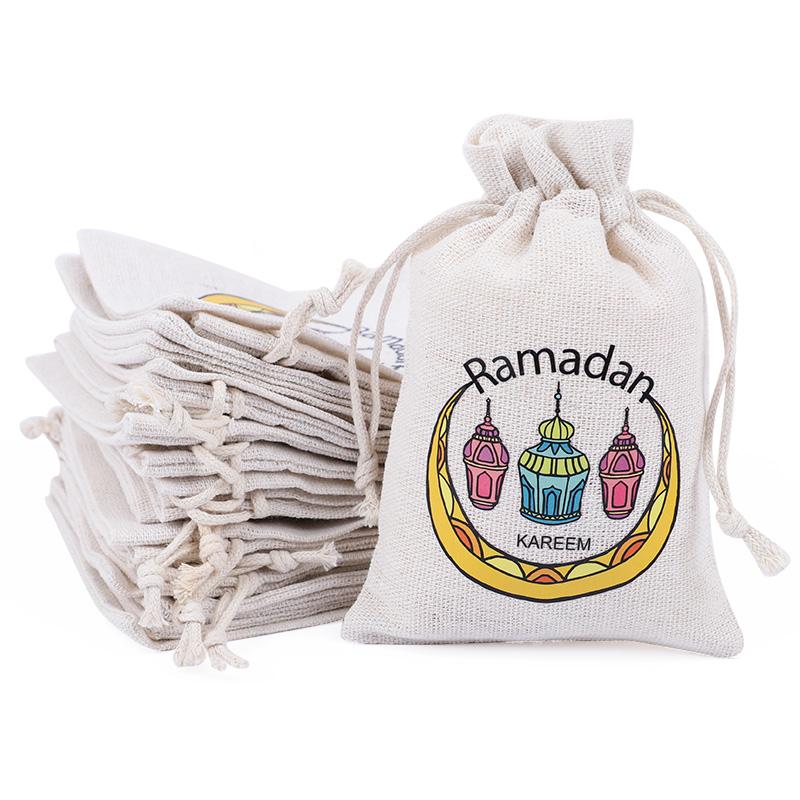 

10 шт. Льняной подарочный мешочек Рамадан со шнурком 2025 Исламские мусульманские украшения для вечеринки Принадлежности Ид Мубарак Конфеты Снеки Упаковочный мешочек 15x10cm