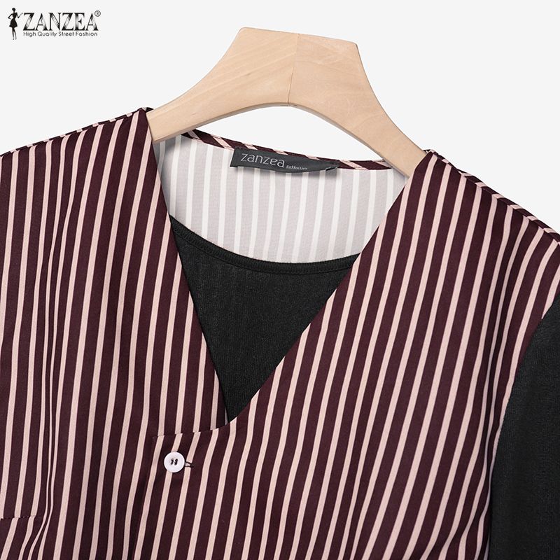 ZANZEA Women Splice Long Sleeve Blouse and Long Skirts Stripe Prin Two Piece Sets