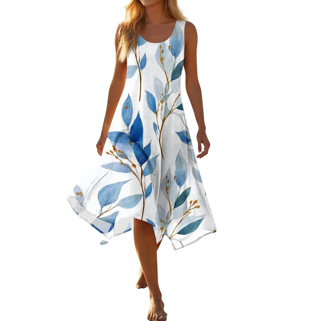 Ärmelloses Sommerkleid mit Blumenprint für Damen, Rundhalsausschnitt, unregelmäßiger Saum, mittellang, leicht, bequem