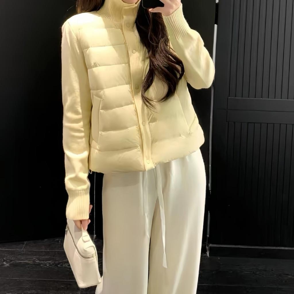 Light and thin ribs, annual padded jacket, women's new knitted trendy stand-up collar splicing down padded jacket, autumn and winter