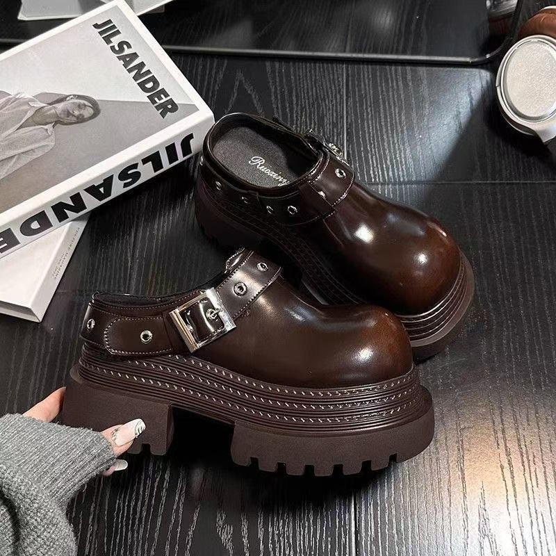 2025 Spring Baotou Half Slippers Women's New Muffin Heightened Thick Sole Outer Wear Retro Belt Buckle Slippers