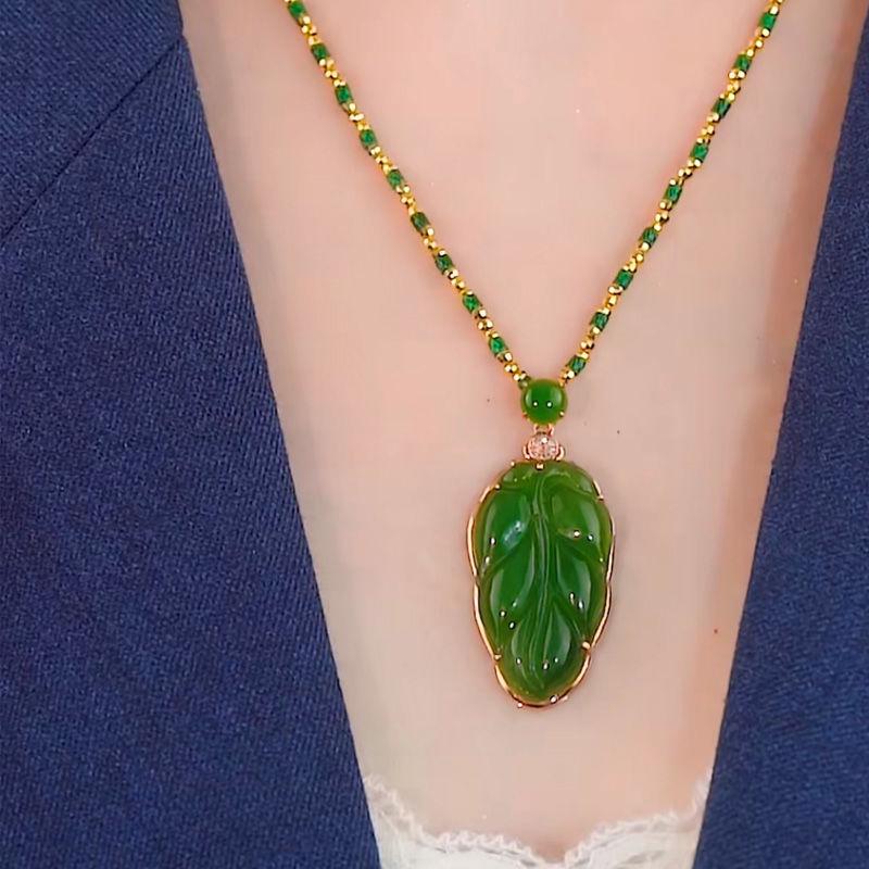 Golden Branch Jade Leaf Pendant Necklace - Elegant Hetian Jasper Design for Women, Luxurious & Versatile Gift.